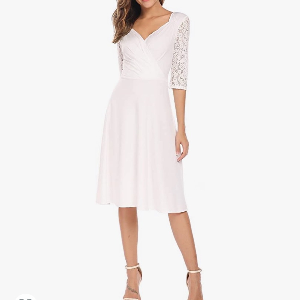 Women’s white 3/4 lace sleeve v-neck dress